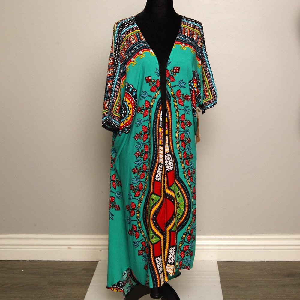 NWT SOLEIL HI-LOW PRINTED KIMONO SWIM COVER-UP - One Size